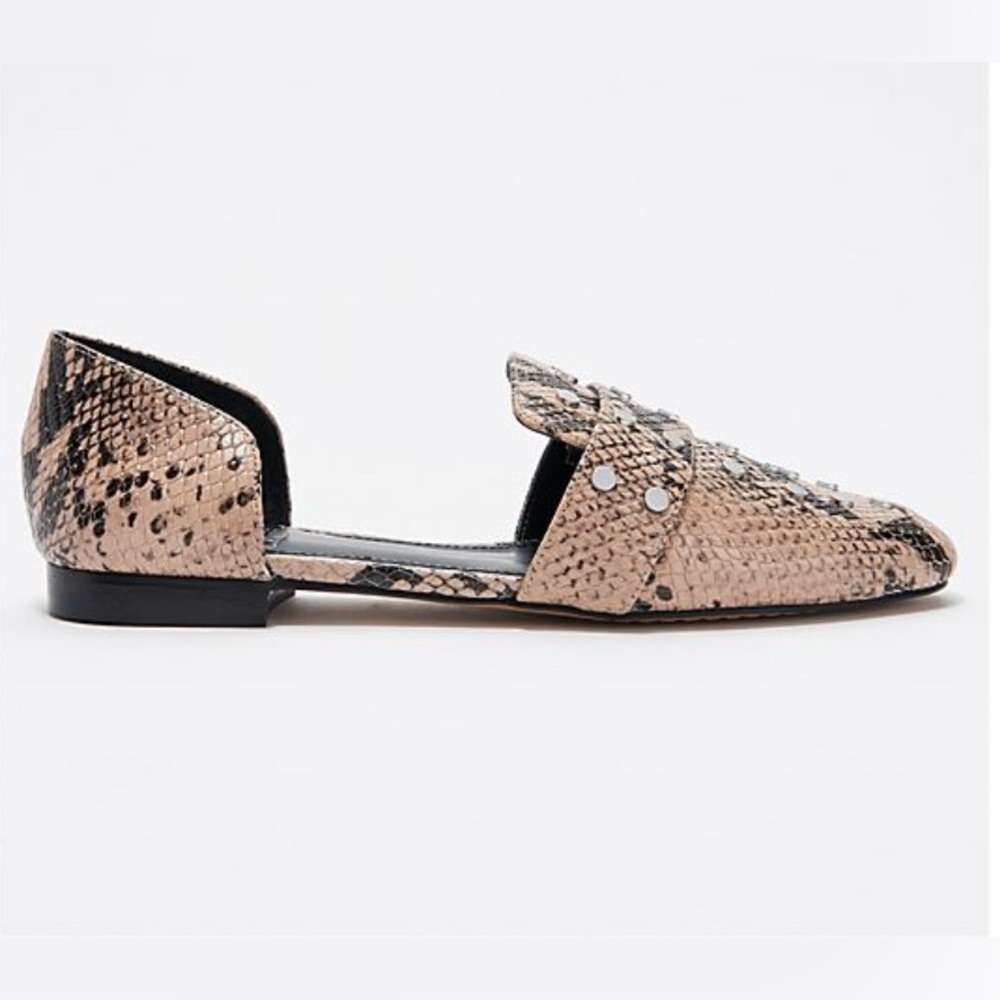Vince Camuto Taupe Snakeskin Leather Two Piece Silver Studded Flats WENERLY - Picture 3 of 16